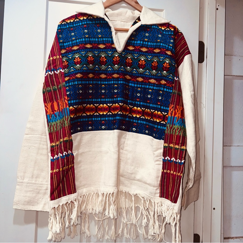 VTG Guatemalan Embroidery Fringe Handwoven Jacket Boho Top Woven Tapestry Tassel
